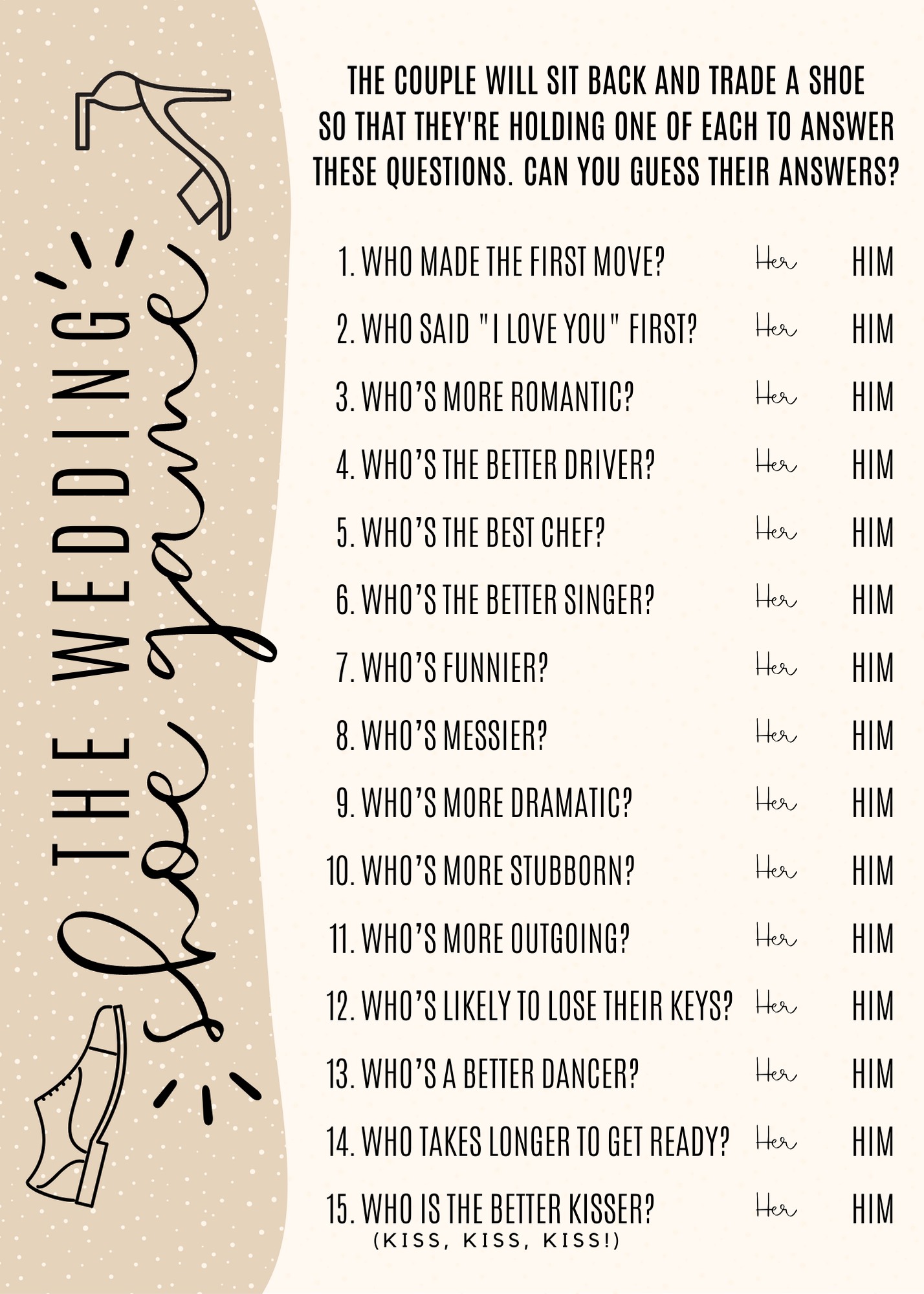 60 wedding shoe game questions free printable fun party pop