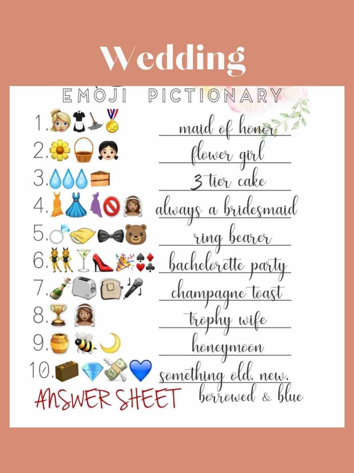 13 Wedding Emoji Pictionary with Answers - Fun Party Pop