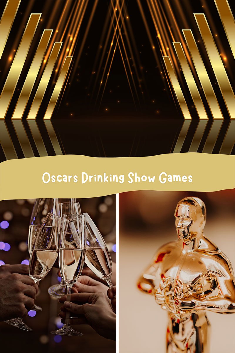 Three images with a stage, drinks, and an Oscar. 