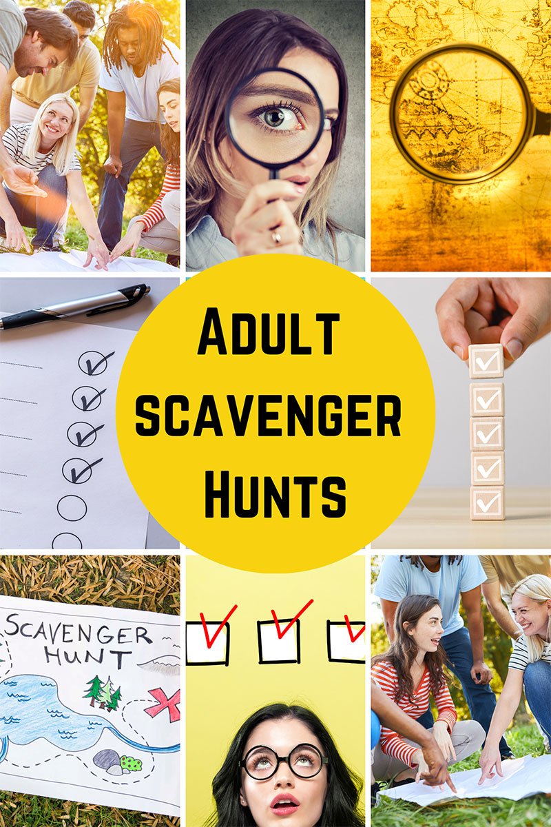 A collage with images of solving clues and people solving scavenger hunts. 