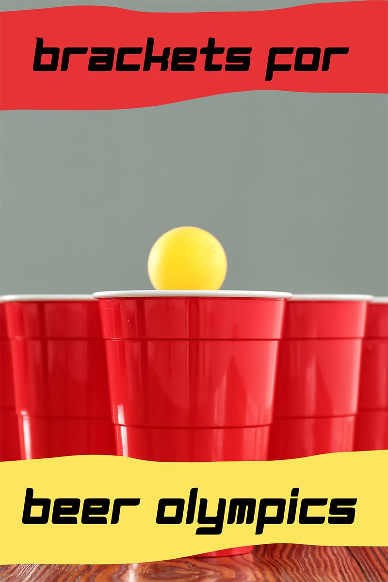 A ping pong ball in a cup during a game of beer pong with beer Olympic brackets in the header and footer. 