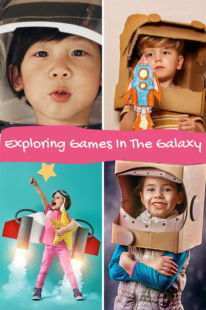 Four images with kids pretending to be in space at a birthday party.