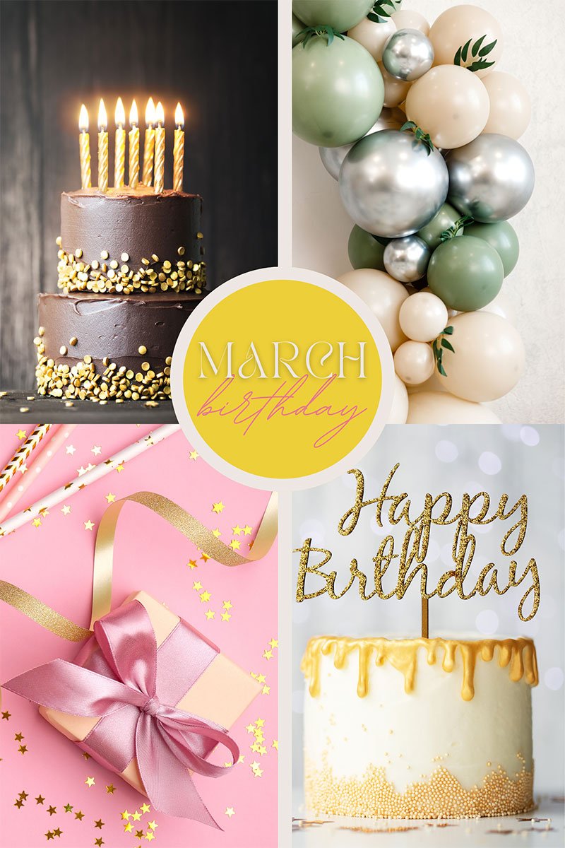 Four images with birthday cake and decorations 