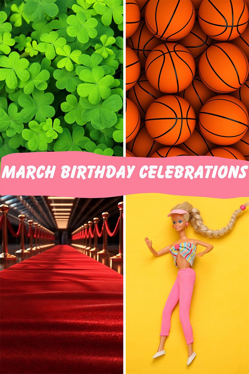 Four images with four leaf clovers, basketballs, red carpet, and a barbie. 