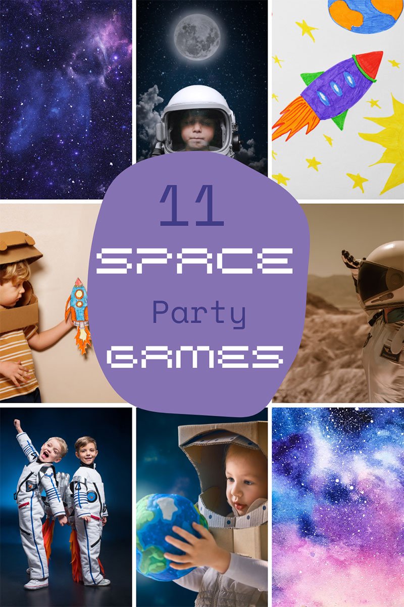 A collage with images of kids playing space party games and images of our galaxy birthday party.