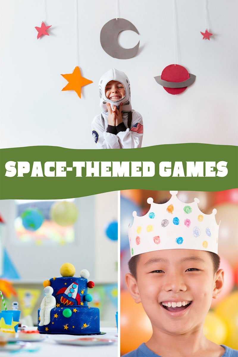 Three images with a kids in space costume and kid celebrating a birthday party. 