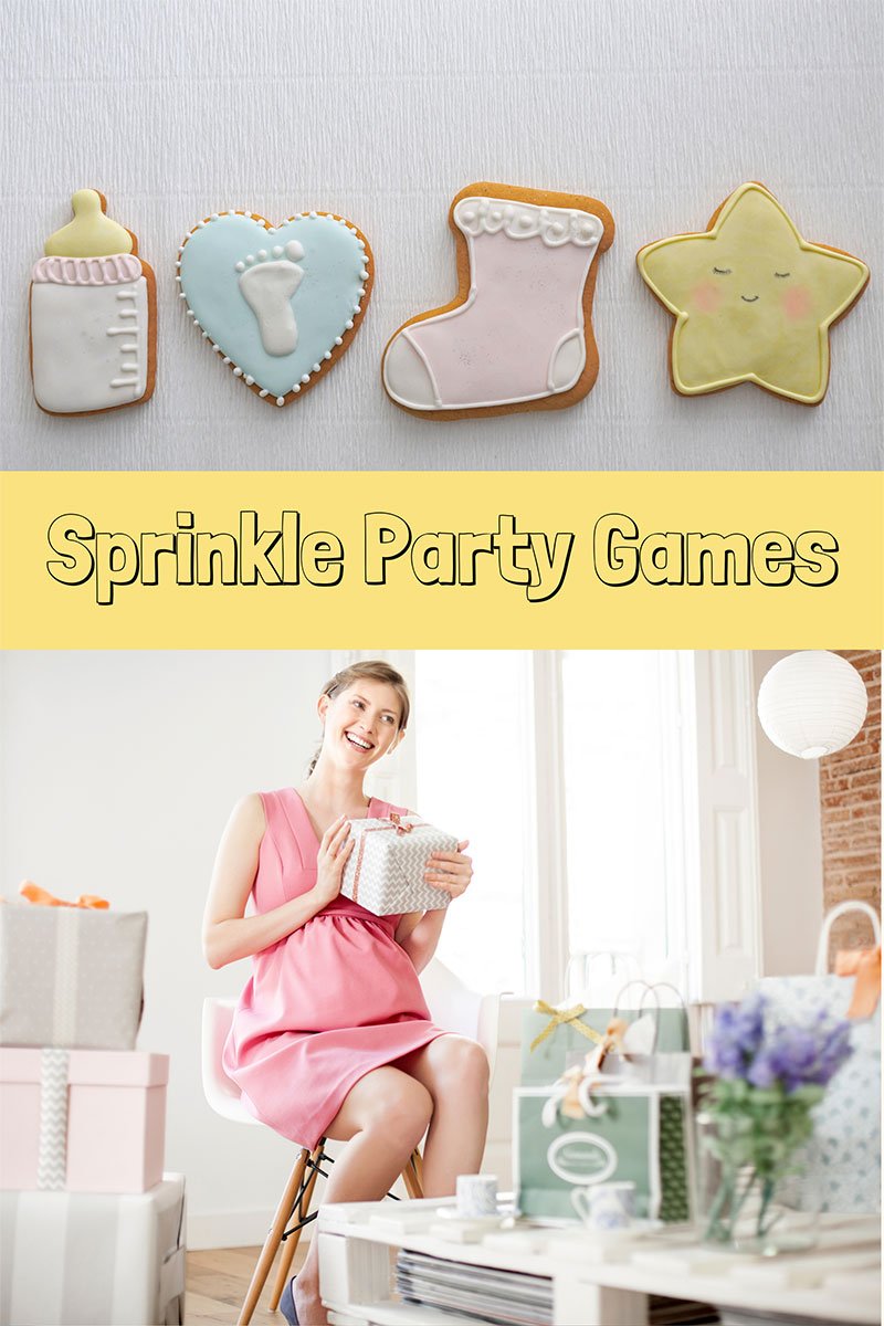 Baby shower themed cookies and a pregnant women opening presents. 