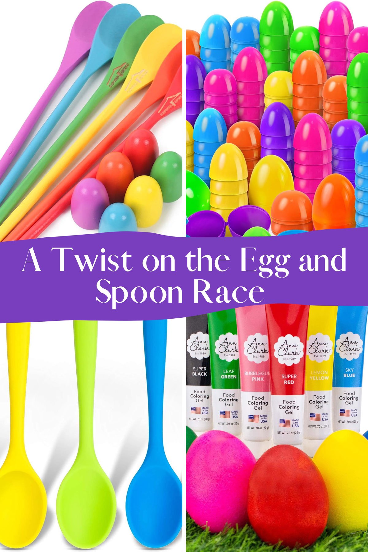 4 photos of items that put a twist on the egg and spoon race, including giant spoons and plastic eggs.