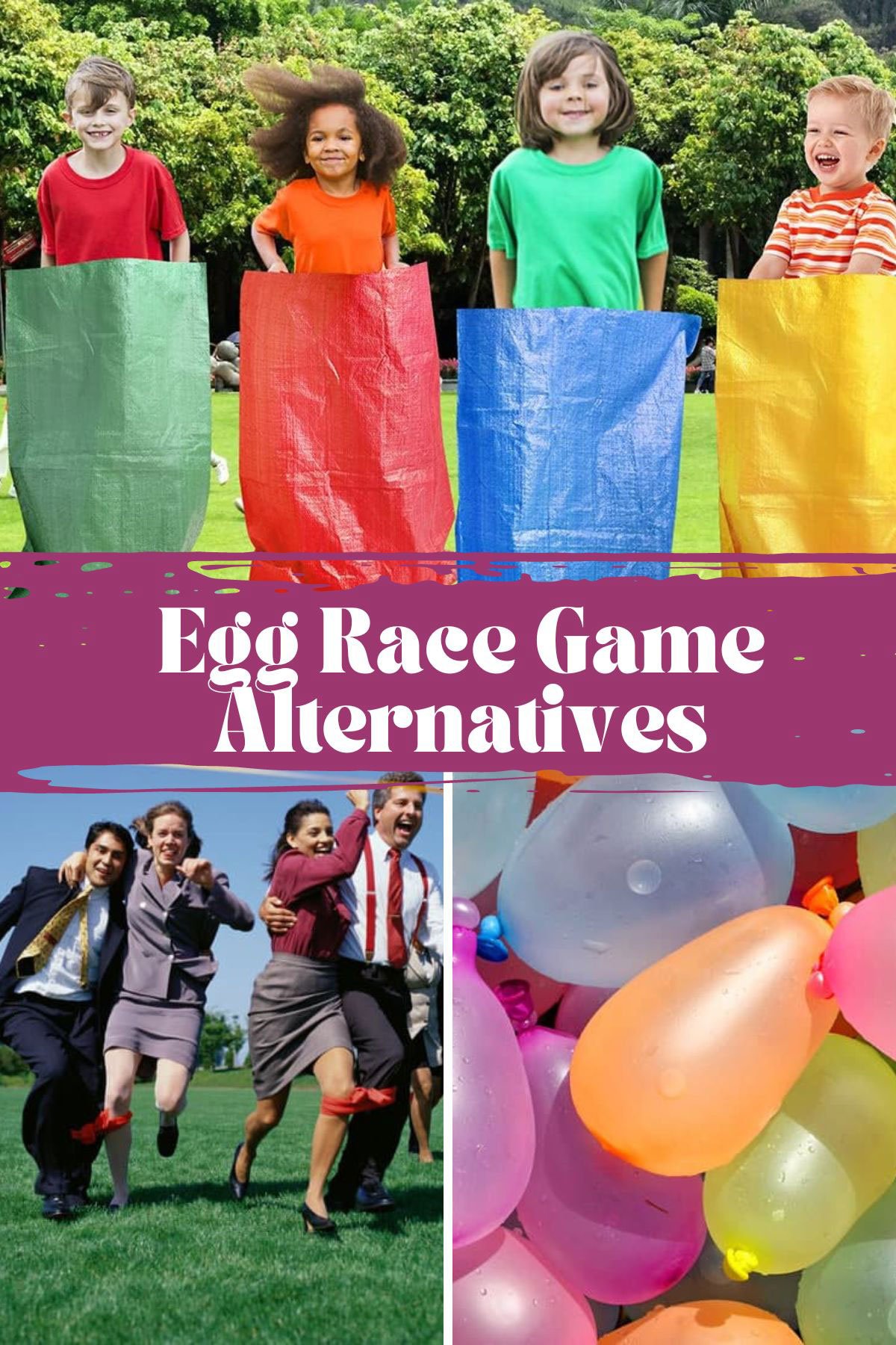 3 examples of egg and spoon race alternatives, including the three-legged race and potato sack race.