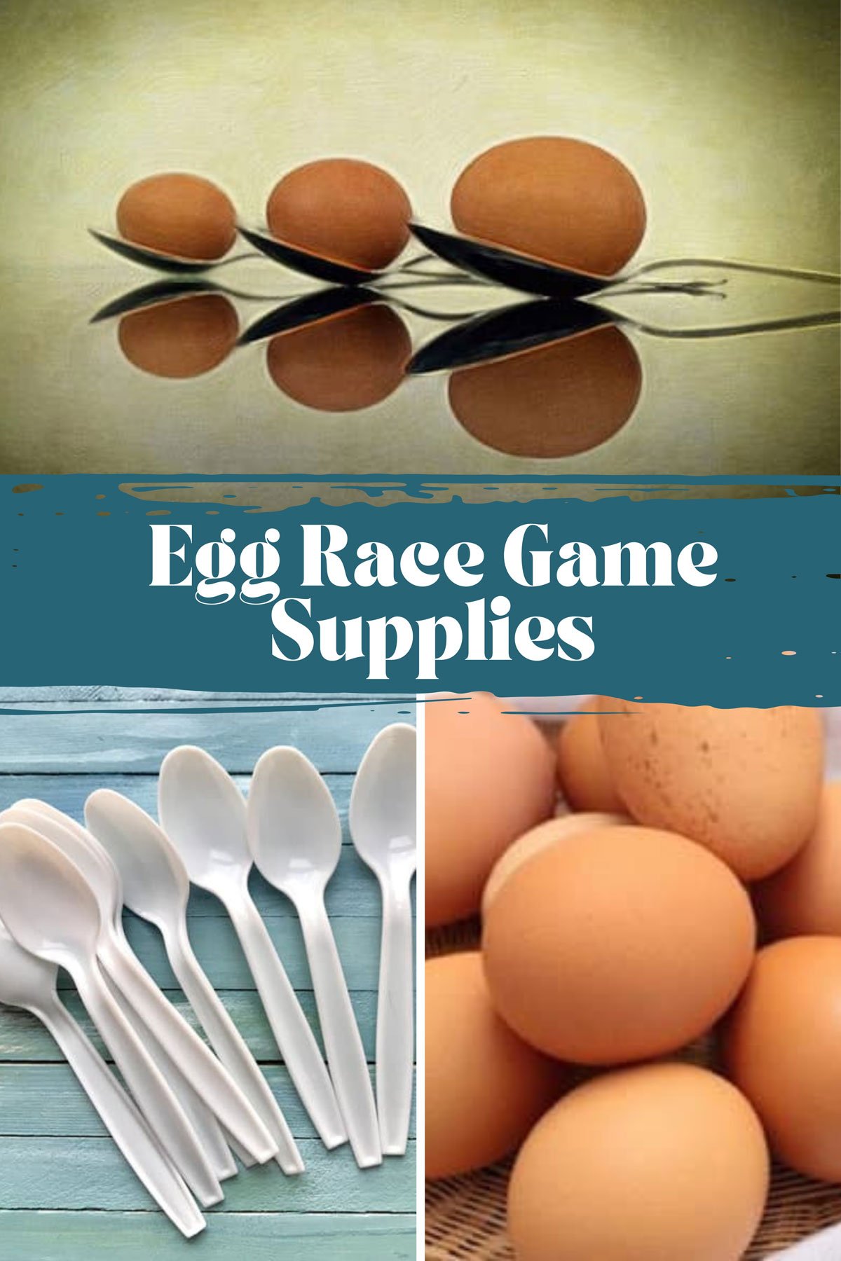 3 photos of egg race game supplies, including eggs and spoons.