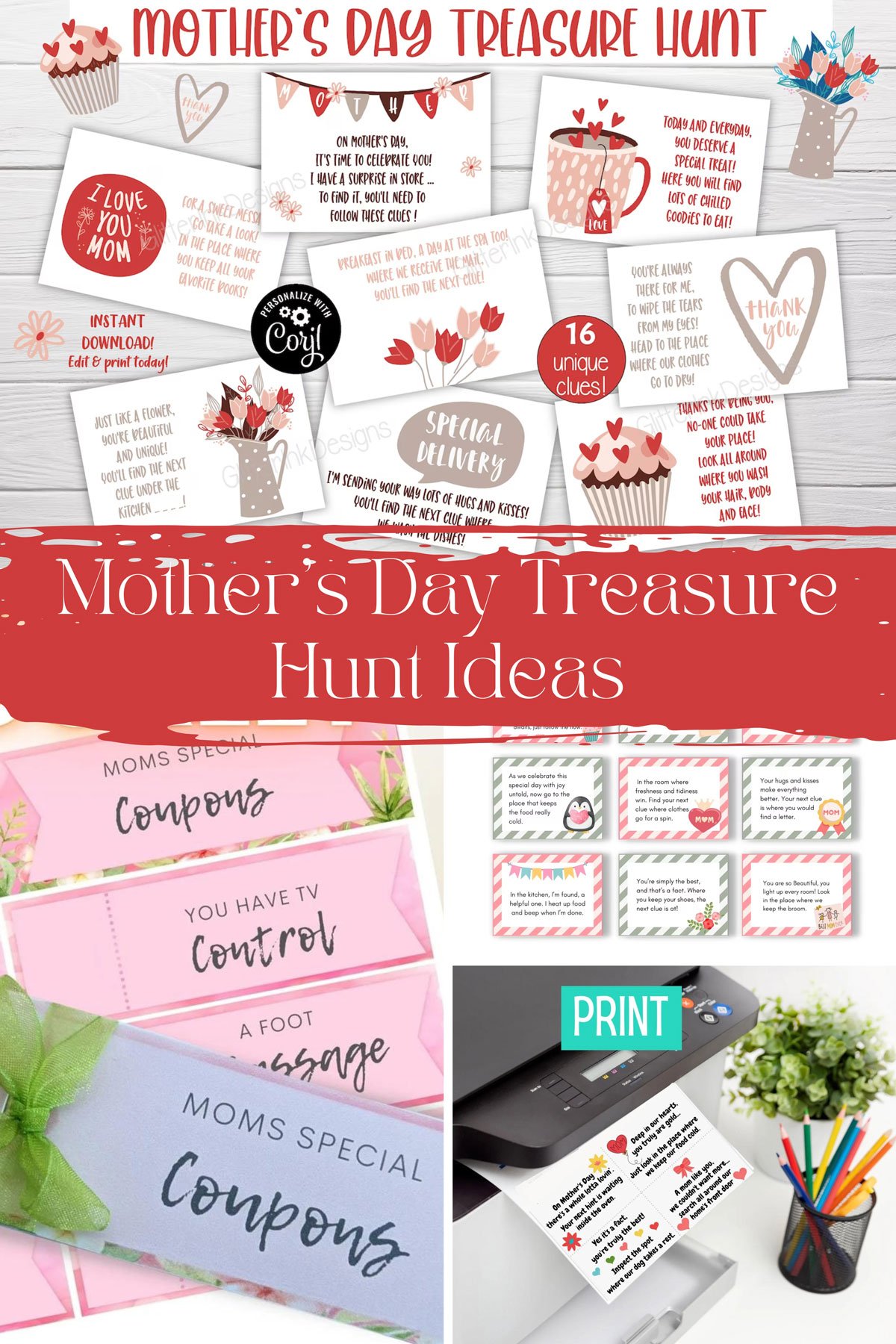 The words "Mother's Day Treasure Hunt Ideas" with 4 pictures of treasure hunts for Mom.