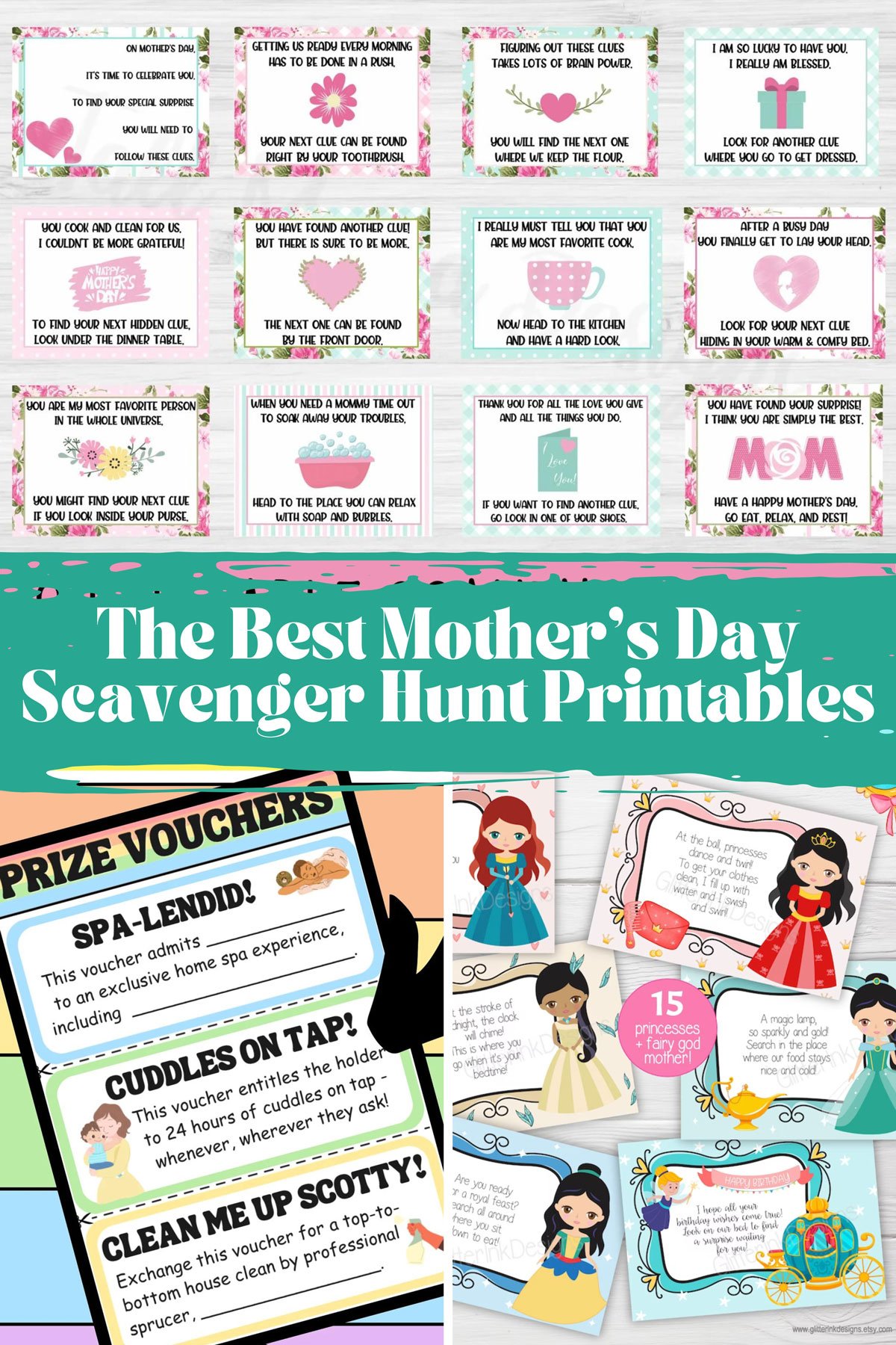 The words "The Best Mother's Day Scavenger Hunt Printables" with 3 pictures of hunt ideas.