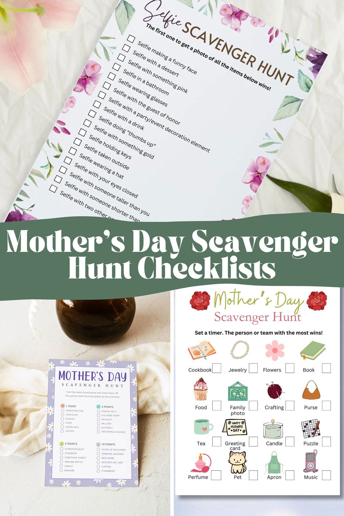 The words "Mother's Day Scavenger Hunt Checklists" with 3 photos of checklist hunts.