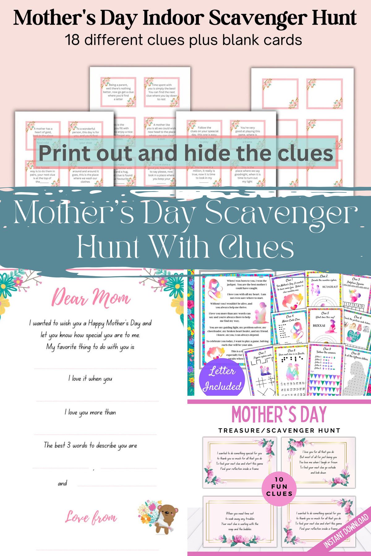 The words "Mother's Day Scavenger Hunt With Clues" with four photos of treasure hunts.